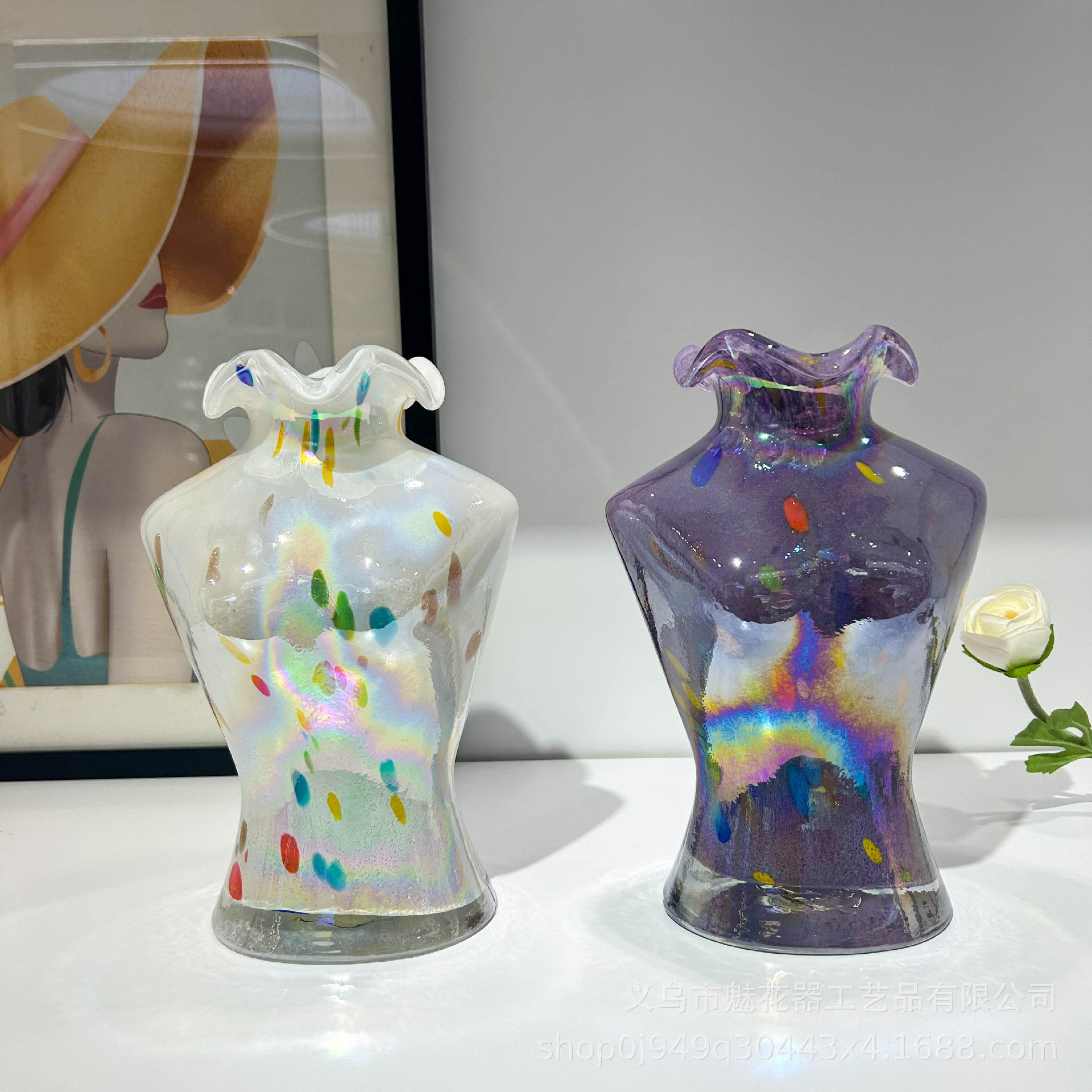 彩色珠光艺术琉璃美人花瓶家居软装插花水培样板间高级感装饰摆件图片