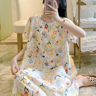 春夏款棉绸睡裙女夏季短袖睡衣女休闲大码中长款家居服女士连衣裙
