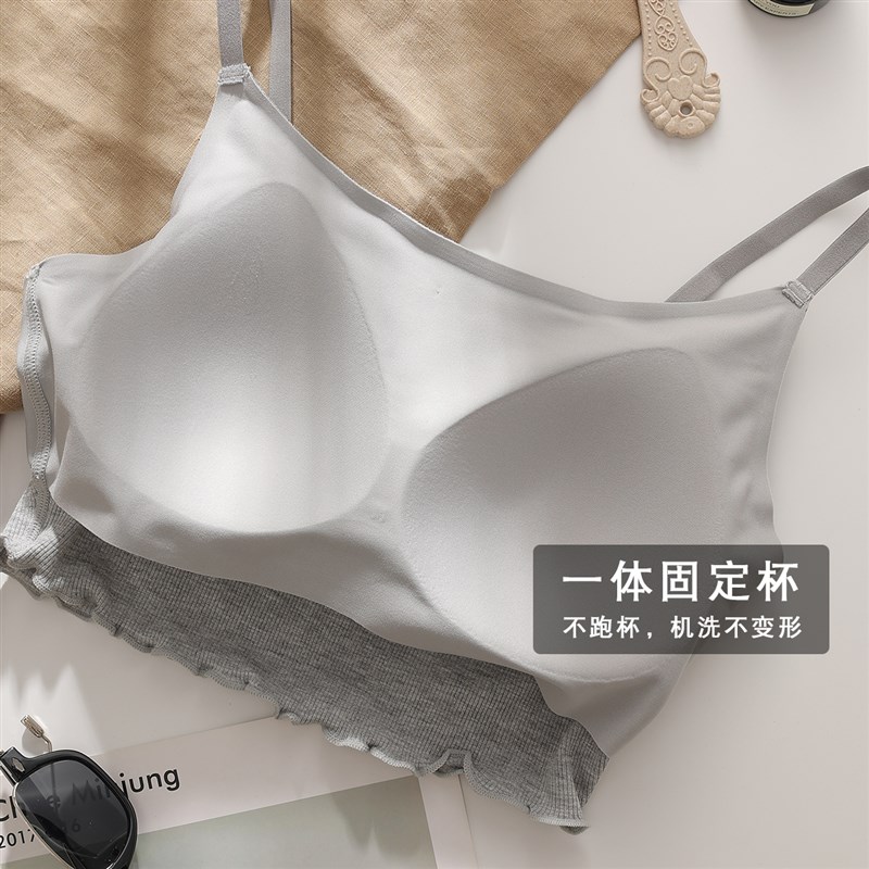 棉感无痕内衣大胸显小胸背心式运动吊带无钢圈抹胸薄款固定杯文胸