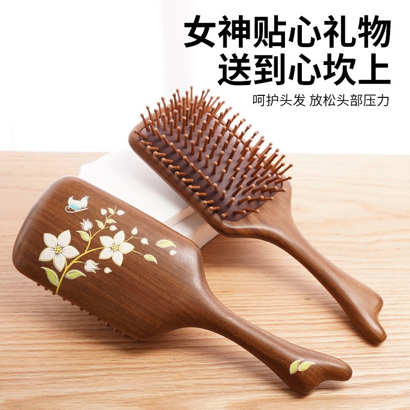 彩绘气囊梳金丝檀木气垫梳防静电木齿梳女士按摩木梳子礼盒礼物梳