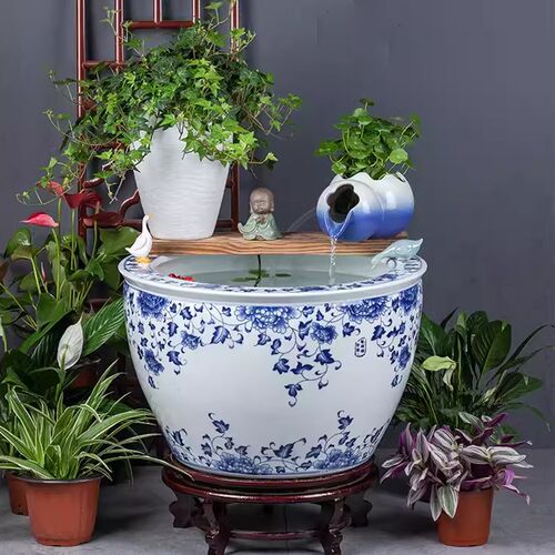 景德镇青花陶瓷古法养鱼缸碗莲睡莲荷花户外养龟缸庭院落地大水缸