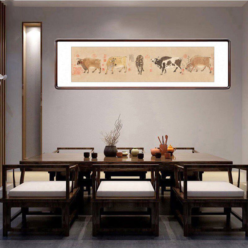 国画新中式客厅装饰画韩滉五牛图横幅餐厅挂画办公室名家有框字画