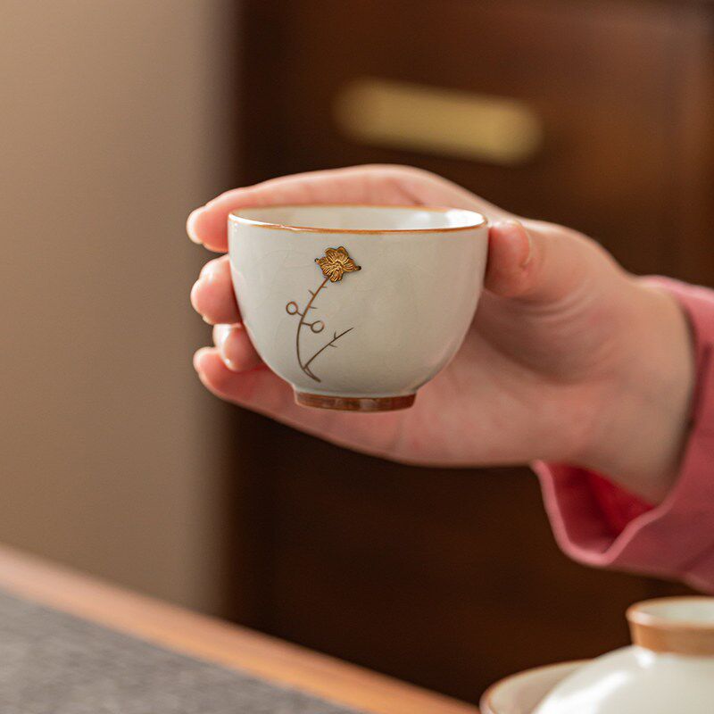 记今朝《锔钉工艺》高档米黄汝窑功夫茶具套装家用办公会客伴手礼