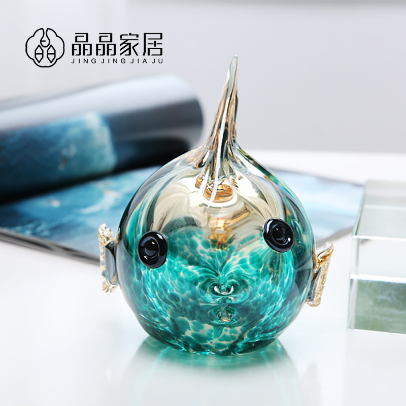 晶晶家居手工水晶玻璃工艺品样板房酒店混彩亲嘴鱼小摆件套装饰品