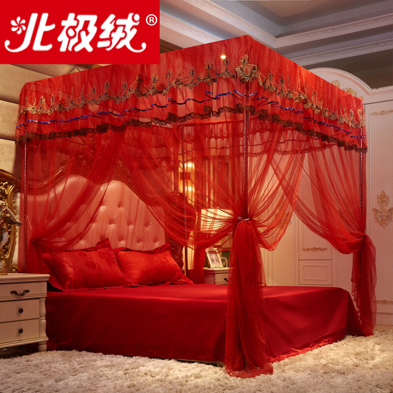 结婚大红色蚊帐宫廷三开门1.5米床双人家用婚庆1.8床落地纹帐通用