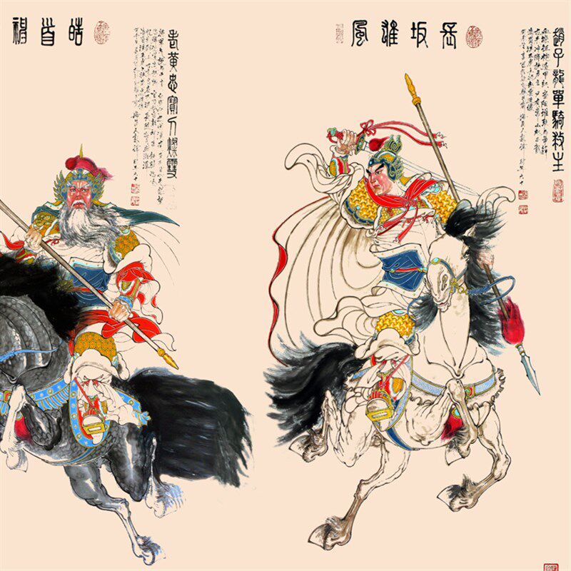 五虎上将横幅画 关公张飞赵云黄忠马超画像丝绸画 三国人物画挂画
