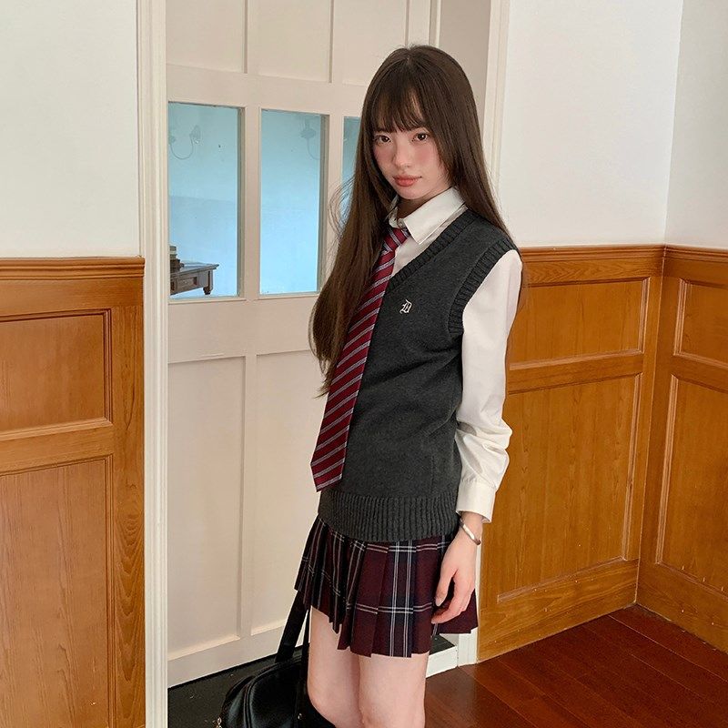 东京岁时记jk毛衣马甲秋季学院风制服叠穿针织背心女上衣格裙套装