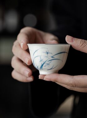 一品仟堂青己青花手绘描银口品茗杯功夫茶具玉泥薄胎君兰福灵茶杯