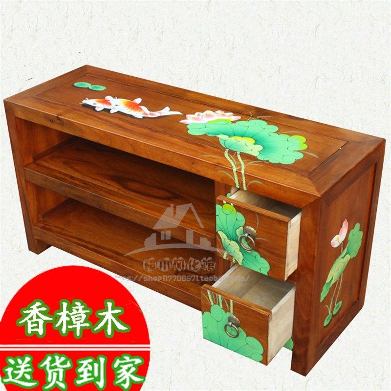 香樟木彩绘中式门厅换鞋凳实木储物凳客厅简约收纳穿鞋凳多层鞋架