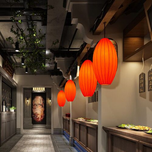 新中式布艺吊灯餐饮灯笼禅意茶室火锅店灯中国风过道走廊吊线灯