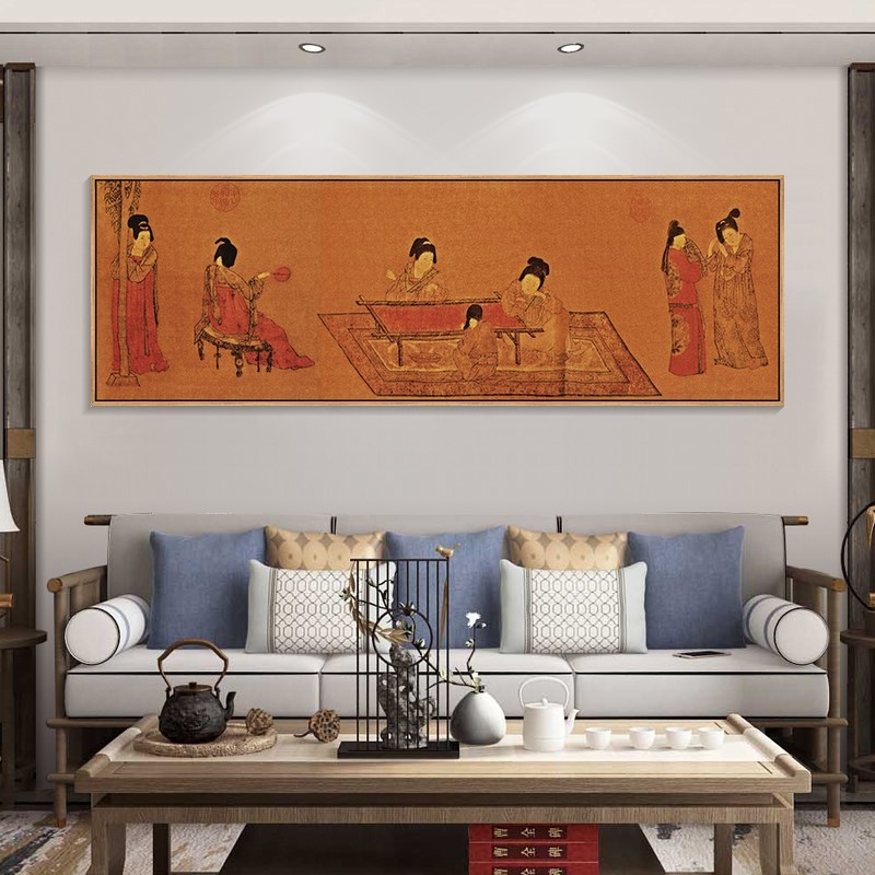 簪花仕女图挂画古风茶室禅意装饰画十大名画新中式客厅壁画床头画