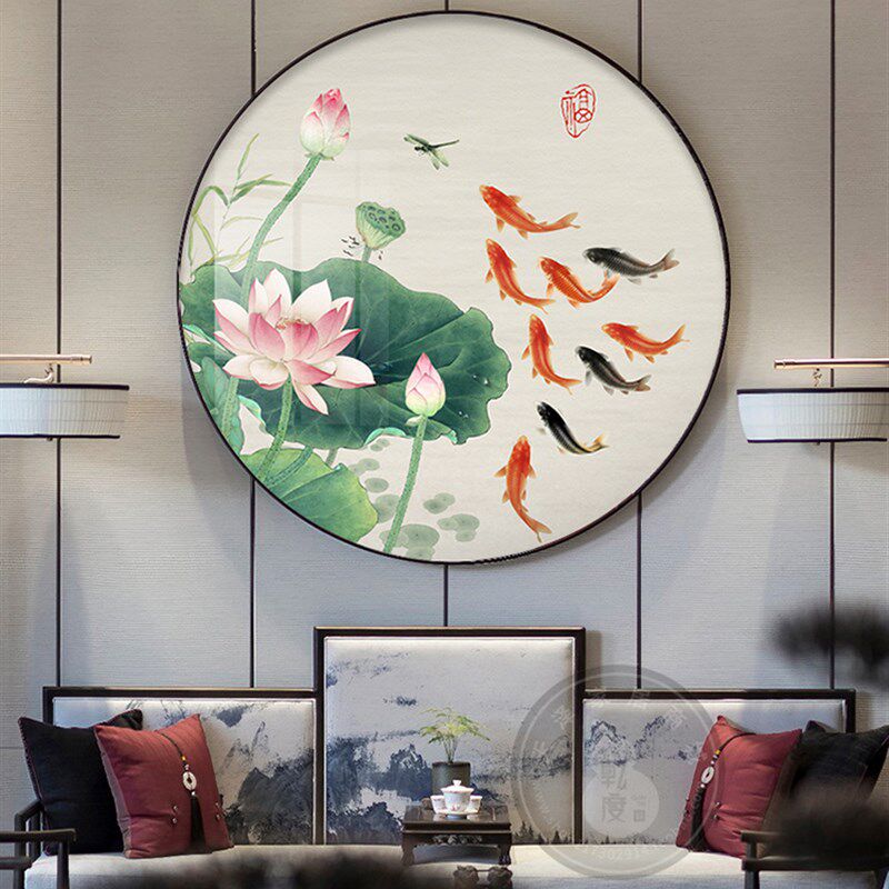 网红新中式花荷花九鱼图圆形画尾鱼入户玄莲关装饰画鲤客厅晶瓷挂