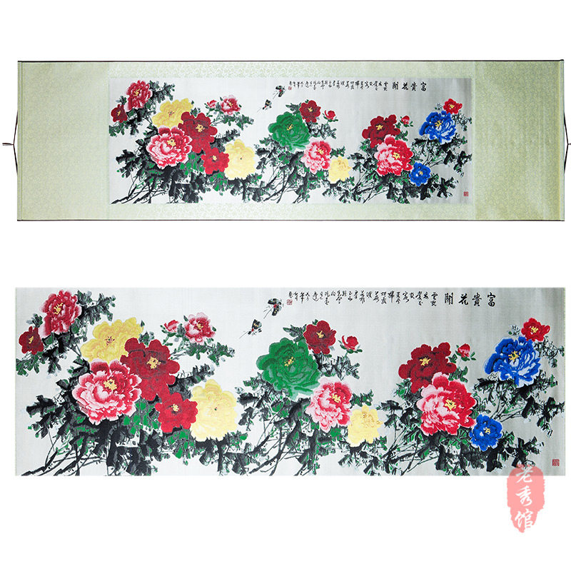 蜀锦富贵花开丝绸卷轴挂画客厅装饰画中国风特色工艺品送外宾礼物