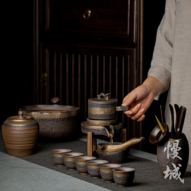 粗陶半自动懒人茶具套装复古风功夫茶具家用办公室陶瓷石磨泡茶器