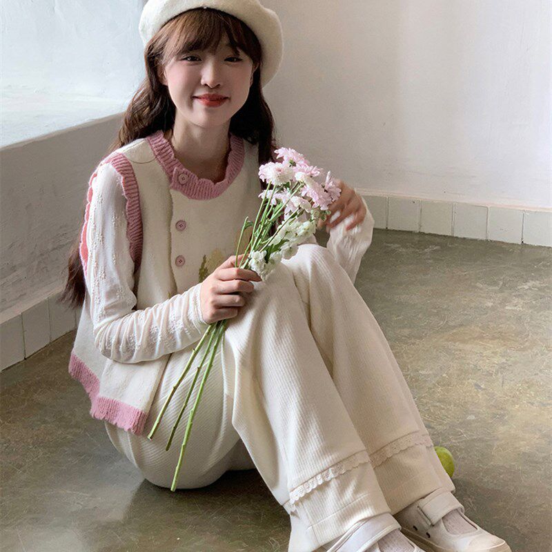 甜美粉色郁金香提花针织开衫马甲女秋季奶系穿搭短款毛衣背心叠穿