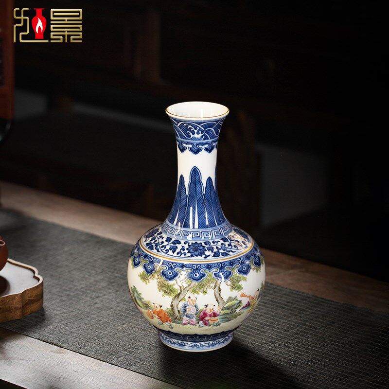 钟家窑景德镇陶瓷花瓶手绘青花瓷瓷瓶小号复古中式客厅摆件装饰品