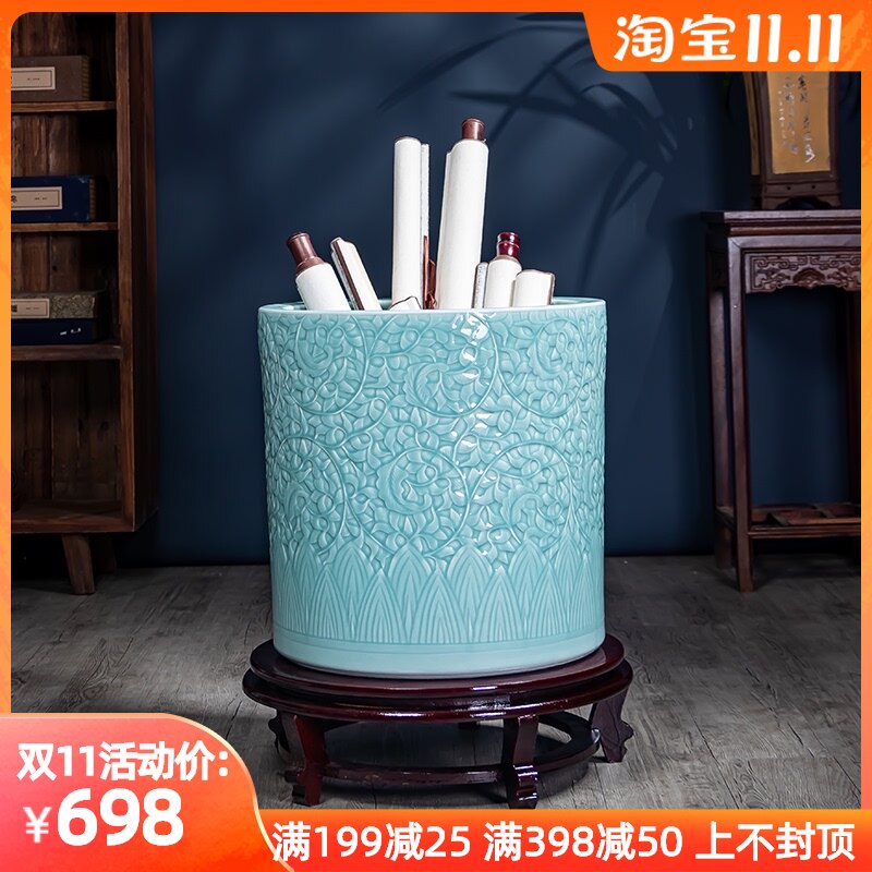 景德镇陶瓷手工雕刻影青釉书画缸客厅落地花瓶书房字画收纳桶摆件