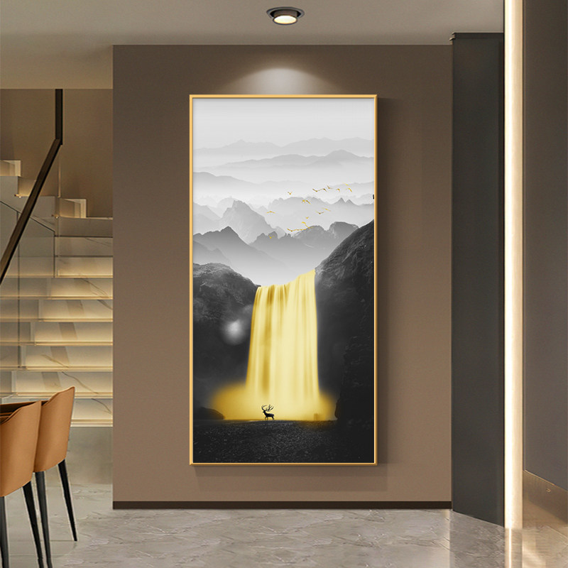 流水生财入户玄关装饰画新中式竖款走廊尽过道壁画山水寓意好挂画