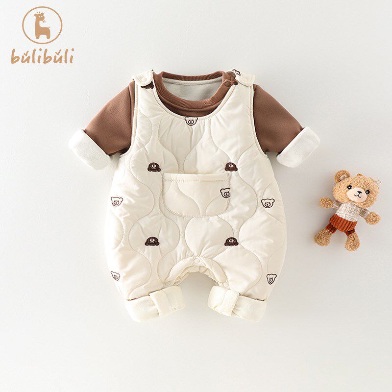 婴幼儿童加绒套装秋冬款2024新款宝宝卫衣背带裤冬季装衣服两件套