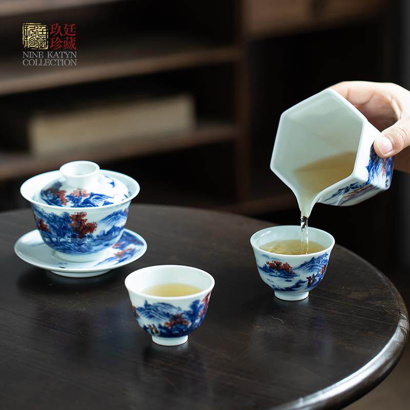 景德镇手工手绘青花釉里红山水盖碗茶杯功夫茶具套装中式复古单杯