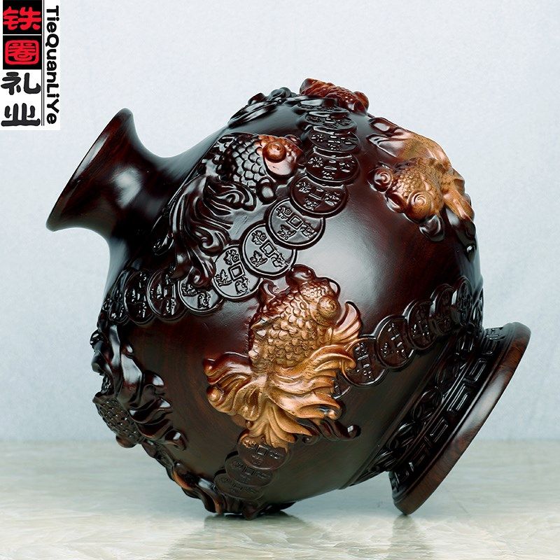 铁圈礼业黑檀木花瓶摆件木雕雕刻实木工艺品客厅插花乔迁家居装饰