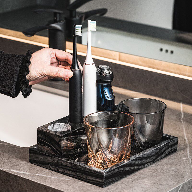 高级大理石电动牙刷置物架浴室台面双人牙刷牙膏架套装牙具收纳架