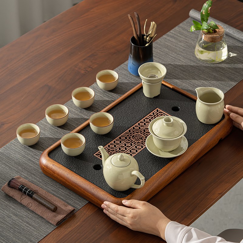 2023新款茶具套装家用米黄汝窑办公花梨实木茶盘茶台茶海简约托盘