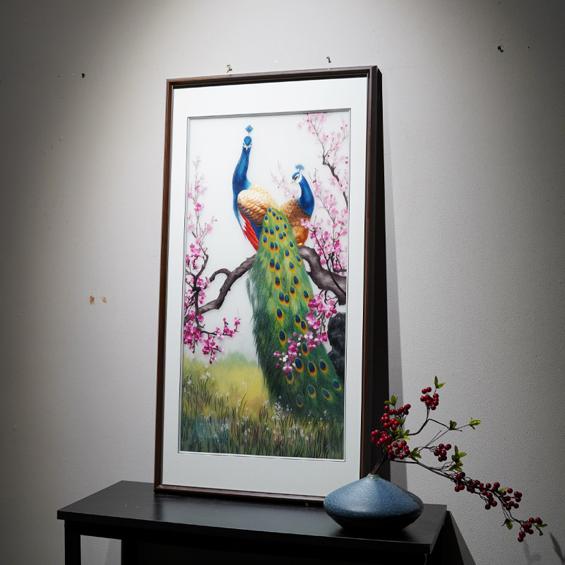 新中式风格动物孔雀图精品纯手工苏绣玄关走廊过道可定制成品挂画