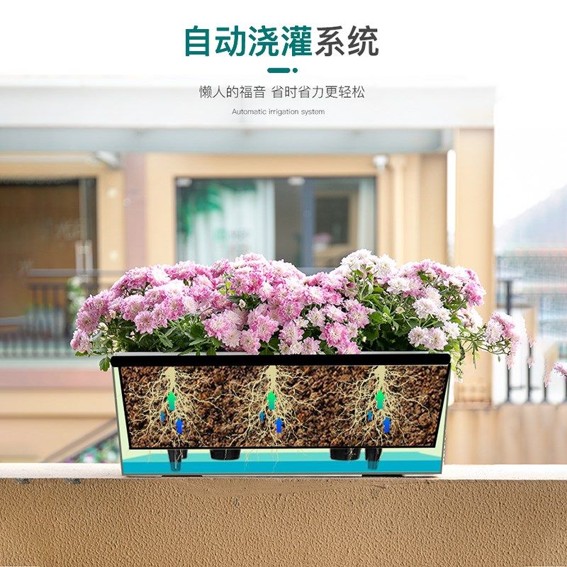 悬挂式仿藤编方形花盆自吸水懒人花盆护栏窗户墙壁户外人气长花盆
