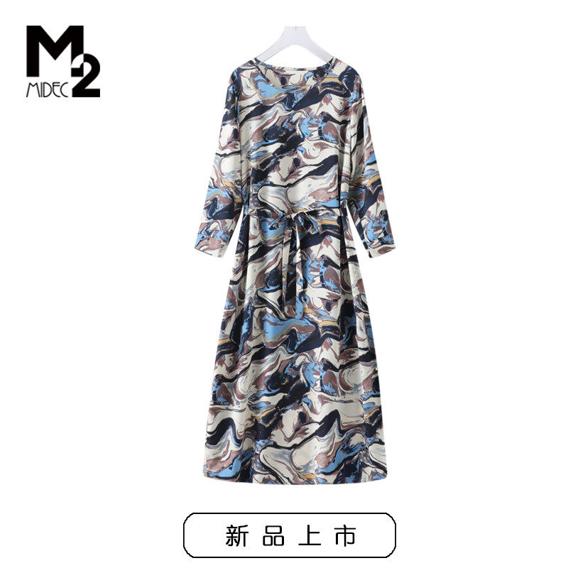 M2女装2025年春秋新款宽松大码微胖中年妈妈七分袖雪纺连衣裙