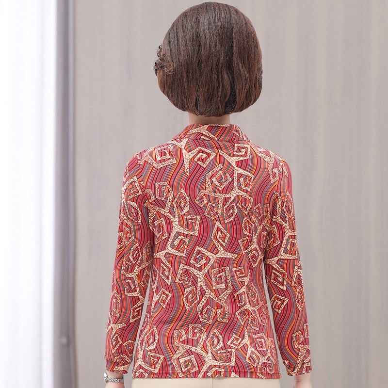 中老年女装婆婆薄款T恤2024春夏小个子妈妈套头修身花色长袖上衣