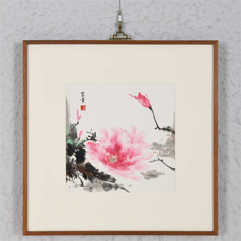 纯手绘荷花连年有余国画斗方水墨写意花鸟画餐厅玄关走廊装饰画