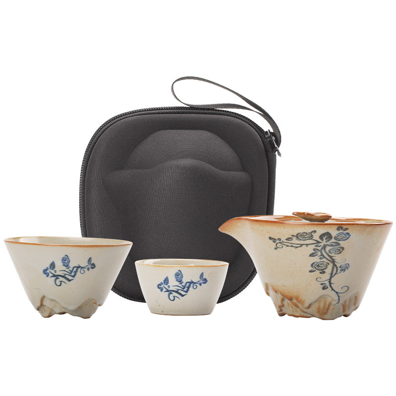 草木灰便携式旅行茶具小套装户外青花瓷手抓泡茶壶茶杯露营快客杯