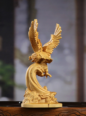 黄杨木雕大展宏图雄鹰展翅木质工艺品家居书房新中式桌面装饰摆件