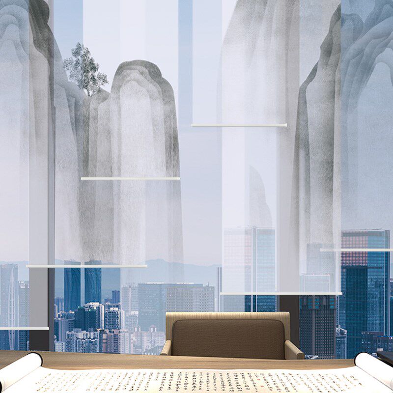 山水画卷帘屏风软隔断帘半透明遮光办公室中式电动窗帘卷拉式升降