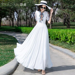 长裙收腰显瘦雪纺度假沙滩裙 大摆裙长款 白色连衣裙女2024夏季 新款