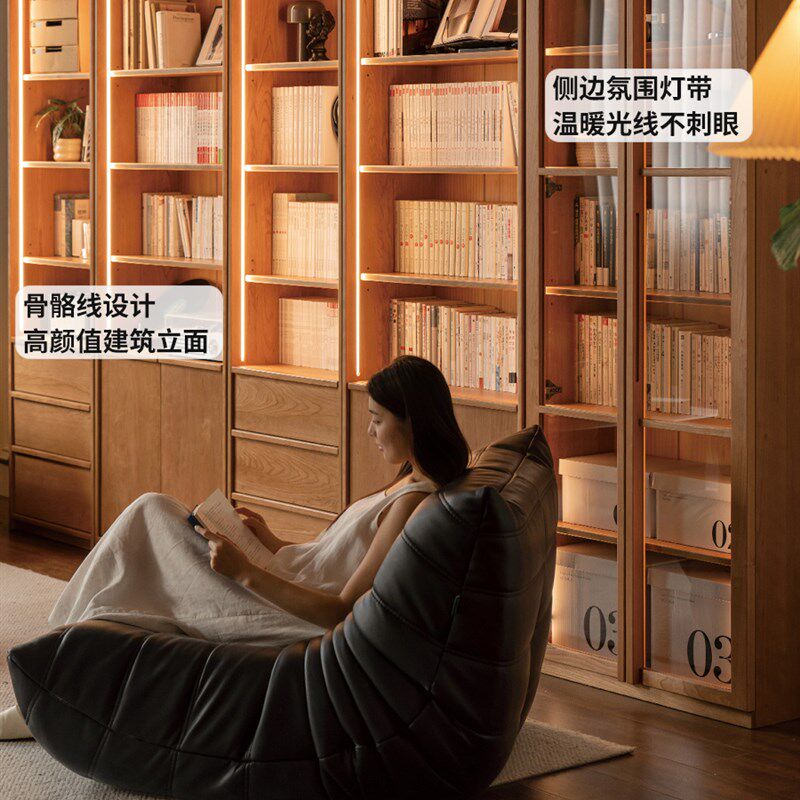 源氏木语黑标实木书柜樱桃木书房展示柜简约储物柜家用玻璃门柜子