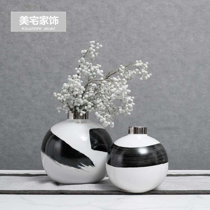 新中式黑白手绘陶瓷花瓶圆形小口插花花器客厅餐桌首饰盒摆件组合