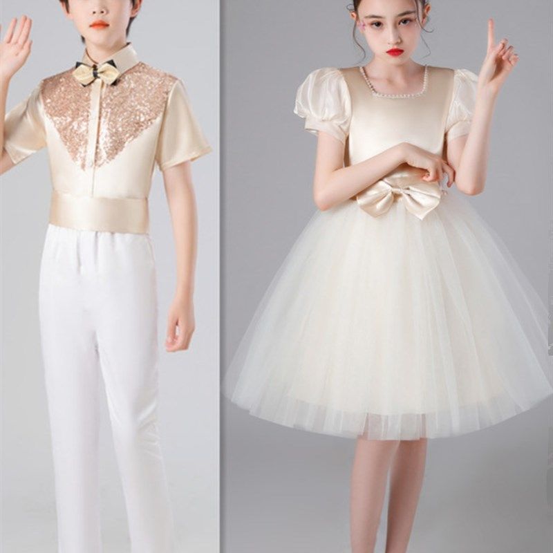 香槟色儿童合唱演出服装初中生诗歌朗诵礼服女生长裙男童短袖套装