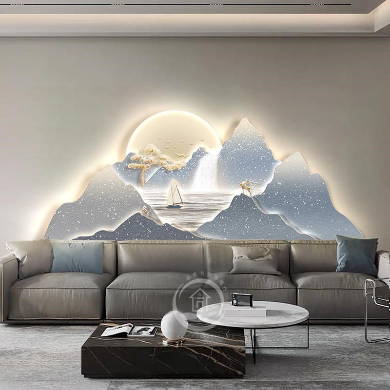 背靠金山客厅装饰画高级感沙发背景墙大气挂画立体轻奢山水壁画灯