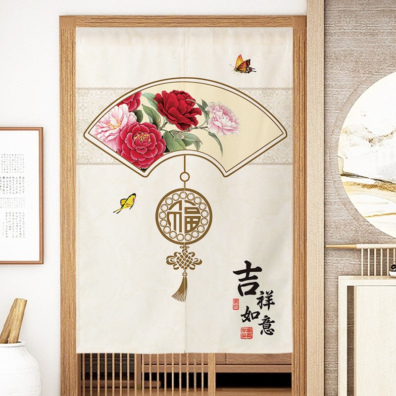 中式牡丹卫生间门帘遮挡帘花朵洗手间公共厕所专用半帘免打孔布帘