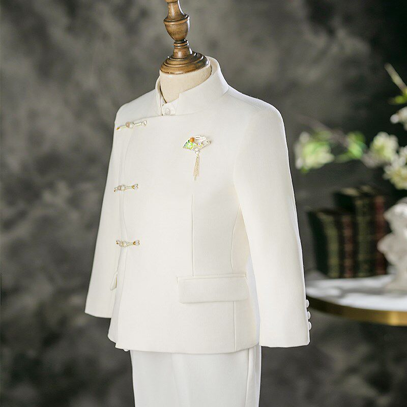儿童西装套装男童2025新款走秀花童小礼服西服白色中式主持演出服