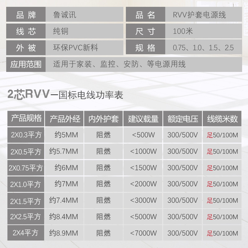 双股芯护套线2芯电灯线1.5 2.5平方电线家用软线电缆二芯铜芯国标