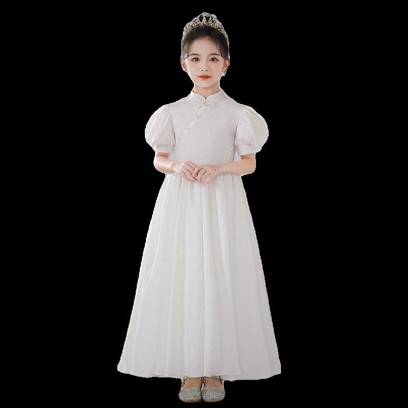 新款圣诞白色钢琴演出服元旦中国风诗朗诵主持人比赛女童立领礼服