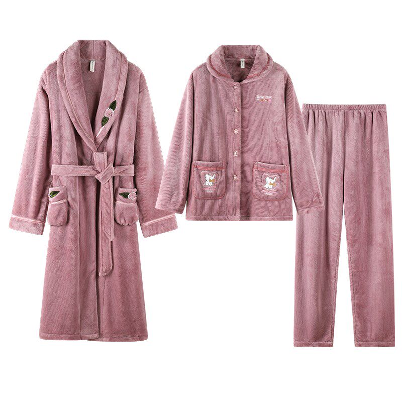 睡衣女秋冬季珊瑚绒长袖保暖法兰绒妈妈加厚睡袍家居服三件套装冬