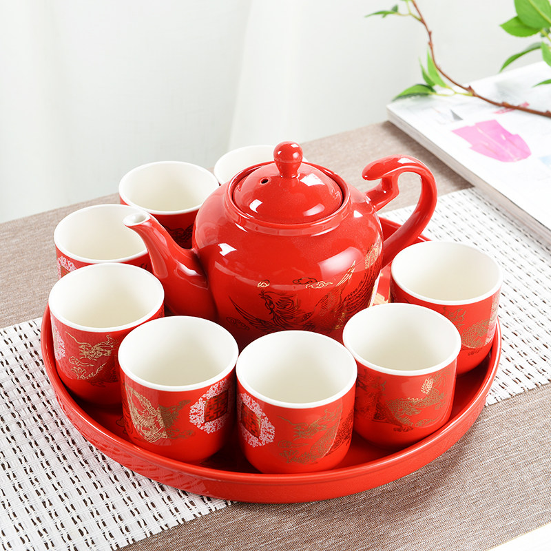 结婚敬茶杯茶具套装婚庆茶壶红色茶盘中式陶瓷器婚礼茶杯家用礼品