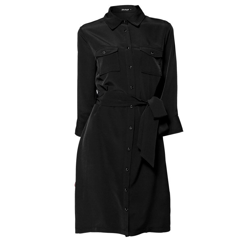 大码直筒玫红色胖mm高端2024新款春秋长袖衬衫口袋系带收腰连衣裙