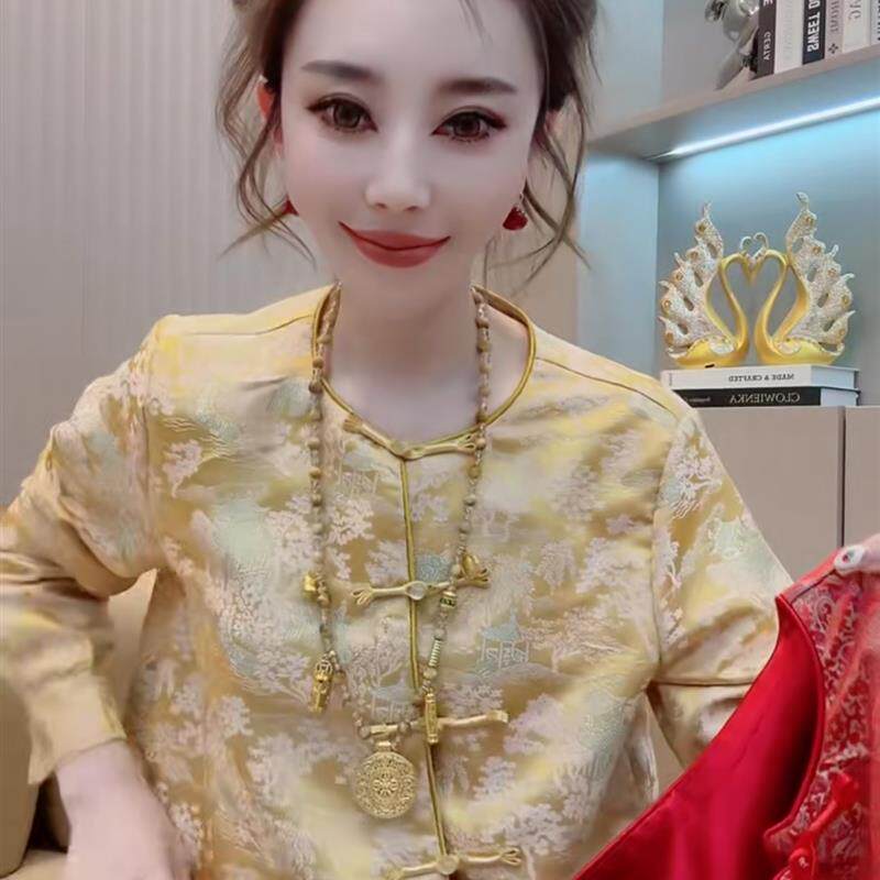 新中式国风圆领盘扣提花宽松长袖衬衫女2025秋冬复古唐装上衣网红