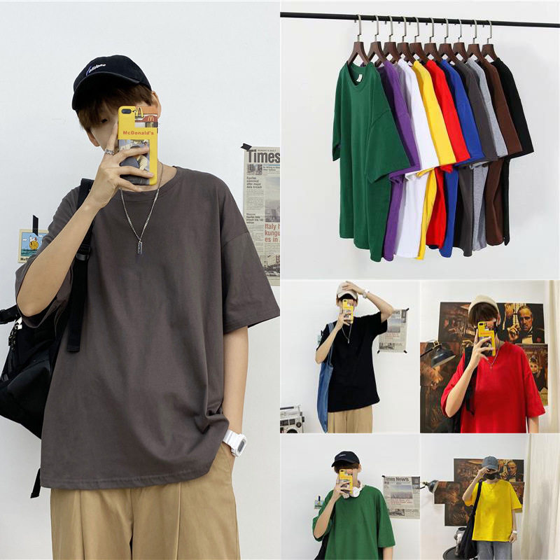夏季简约ins港风纯色短袖T恤男宽松简约学生班服韩版半袖bf上衣服