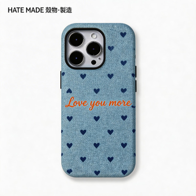 原创菲林二合一爱心牛仔布纹iPhone手机壳蓝色防摔保护套浪漫书呆子风